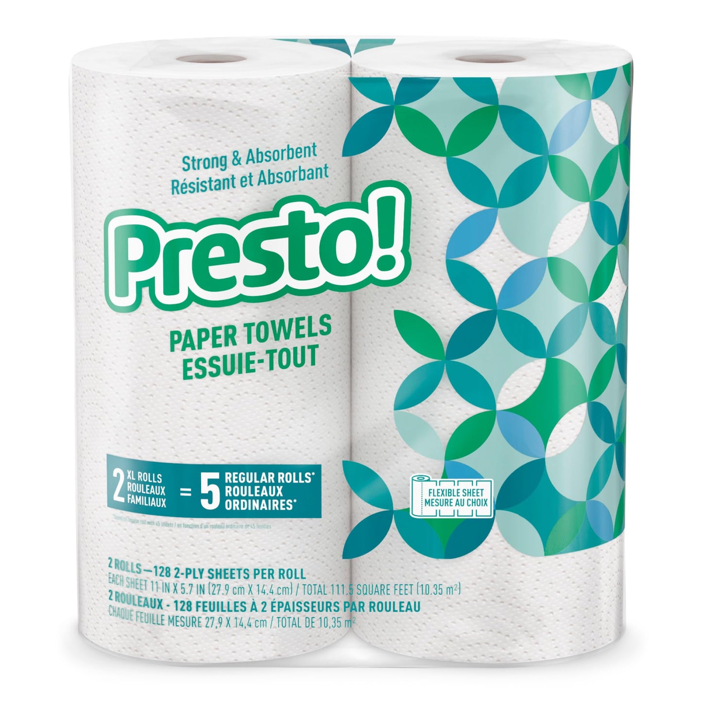 Amazon Brand - Presto! Flex-a-Size Kitchen Paper Towels, Strong and Absorbent, 128 Sheet Family Roll, 16 Rolls (8 Packs of 2)
