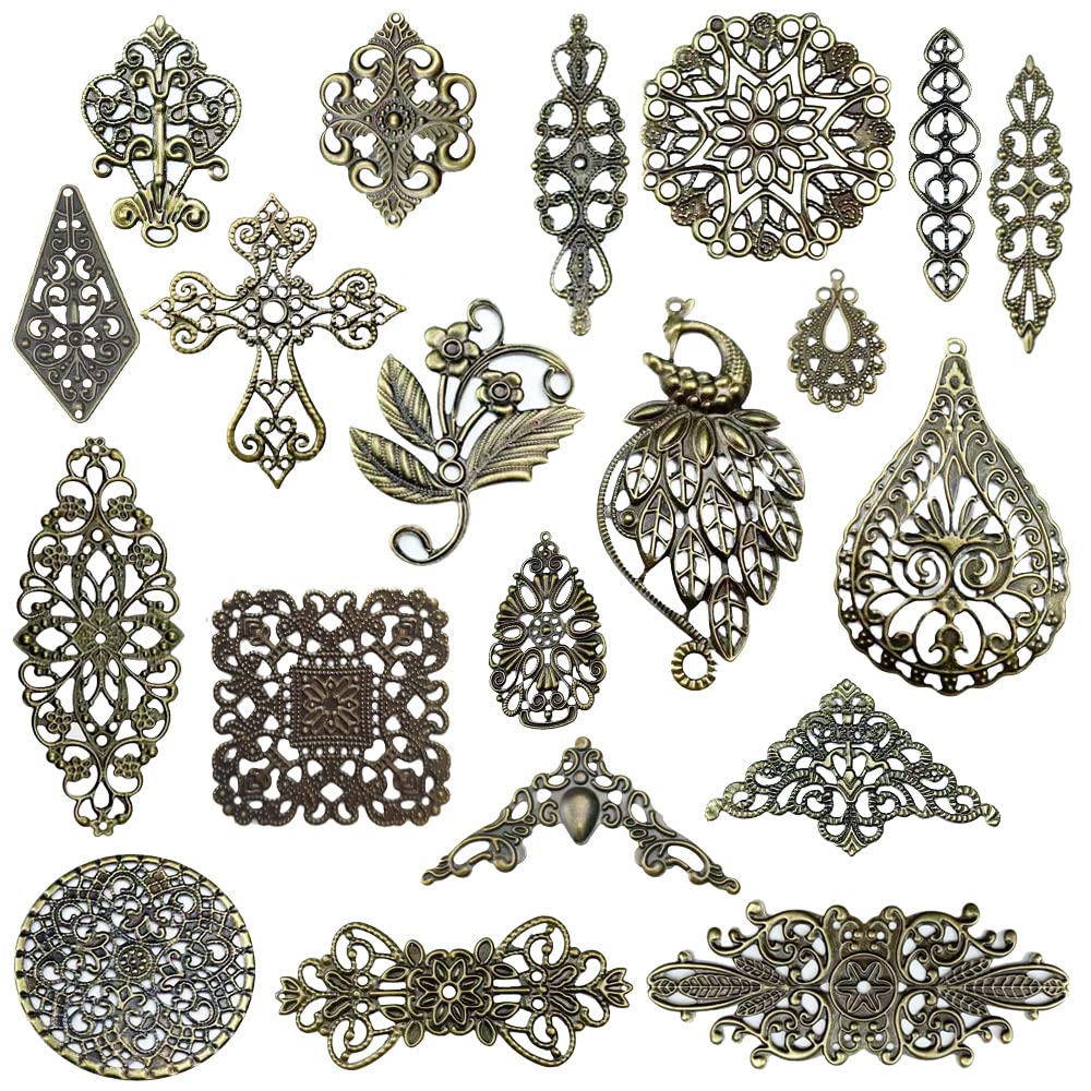 metulip 120Pcs Antique Bronze Filigree Connectors Tibetan Metal Filigree Charms Pendants Links Vintage Filigree Embellishments for Craft DIY Earrings Hairpin Necklace Jewelry Making