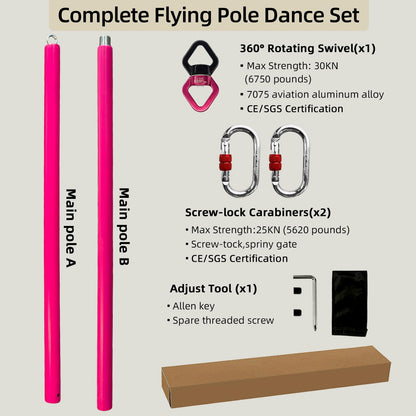 PRIORMAN Silicone Flying Dance Pole Set, 2m/6.56ft 45mm Aerial Pole, SGS CE Certified 9676lbs/4389kg Load, Hanging Kit with 360°Swivel & Carabiners, Heavy Duty Pole for Home Studio Stage,Pink