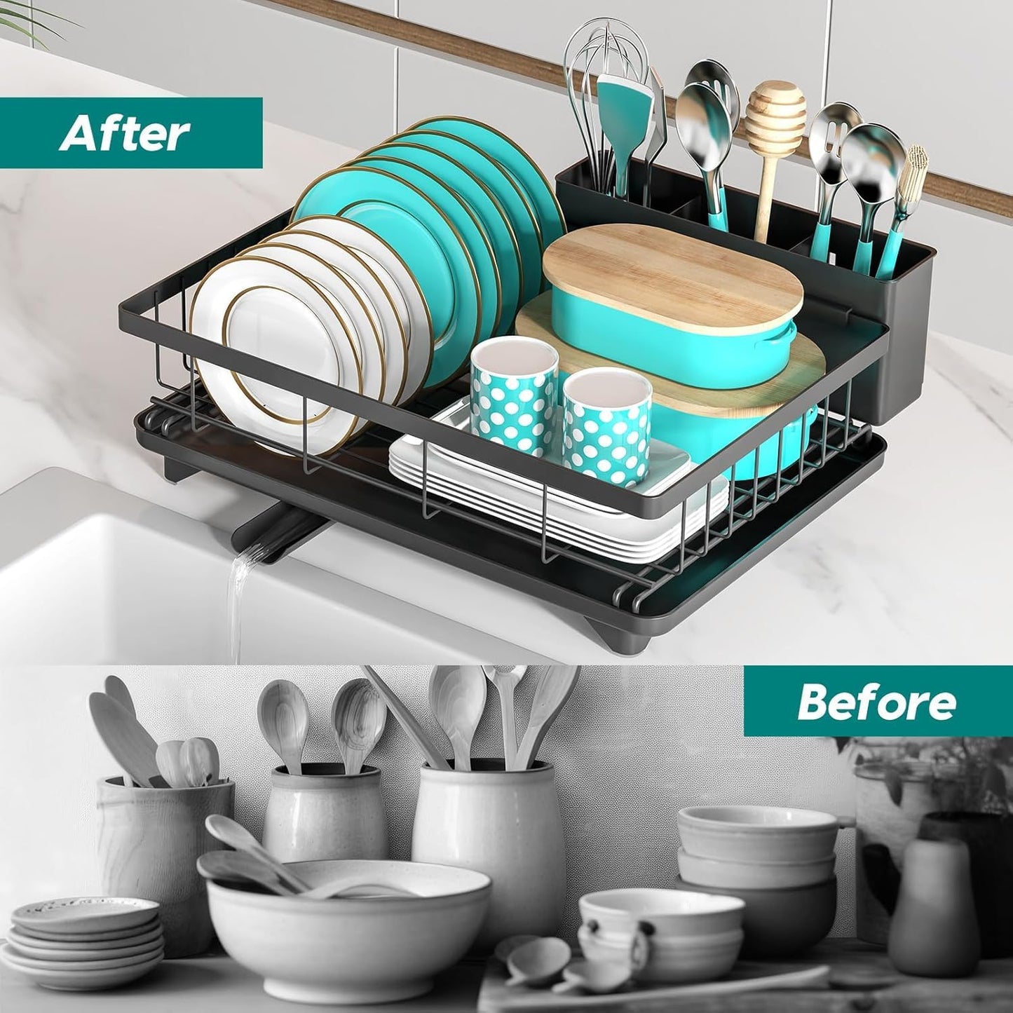MERRYBOX Dish Drying Rack Space-Saving Dish Racks for Kitchen Counter, Rustproof Drying Rack Kitchen with Large Utensil Holder and Increased Feet, 16.5" D x 11.4" W x 5.65" H, Black