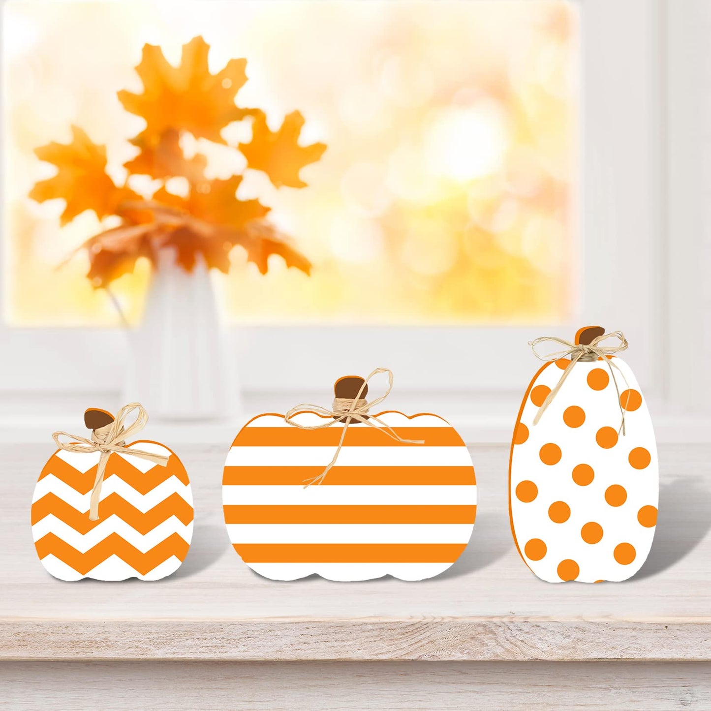 Whaline 3Pcs Unfinished Fall Pumpkin Wooden Cutout with Natural Raffia Pumpkin Shaped Tiered Tray Decor Pumpkin Wooden Table Sign for Autumn Thanksgiving Halloween Home Office Table Decor DIY Crafts