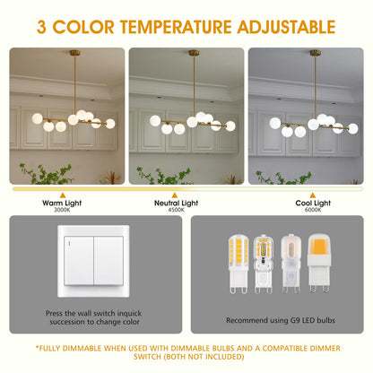 Besytal 55" Brass Linear Chandelier, 16 Lights Mid Century Modern Sputnik Chandelier, Large Pendant Lights Kitchen Island with White Glass Lampshade, Bubble Chandelier for Kitchen Over Table - Gold