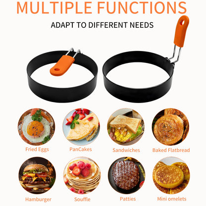 Jibrelxion 4 Pack Professional Egg Ring Set, Stainless Steel Griddle Pancake Shapers, Round Fried Egg Molds with Orange Silicone Handle for Cooking, Breakfast, Omelette and Sandwich, (4,6 Inch)