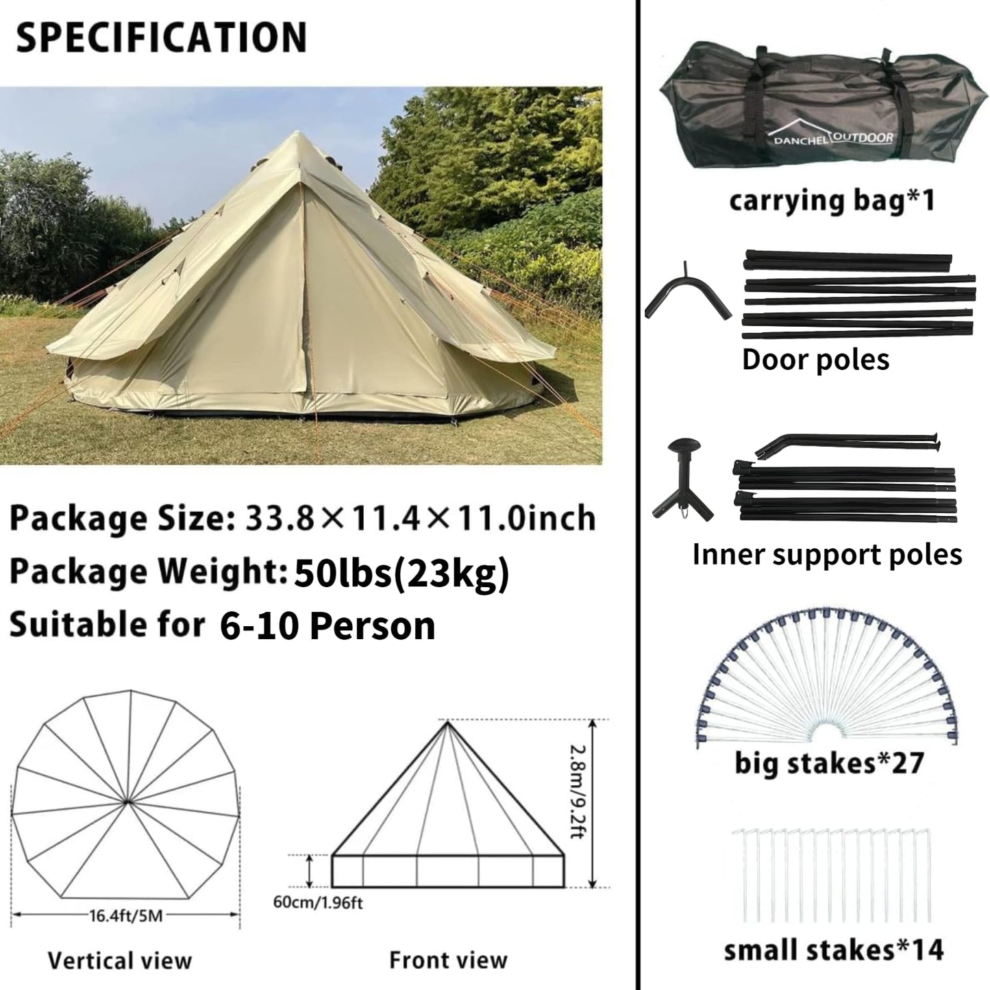 DANCHEL OUTDOOR B2A Portable Bell Tent No Center Pole, 4 Season Large Yurt with Stove Jack Spacious Interior for 8 Person Camping Hiking Glamping 300D Oxford Nylon,16.4ft/5m Khaki