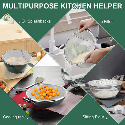 Splatter Screen for Frying Pan - 9.8" 11.4" 13" Stainless Steel Fine Mesh Grease Splatter Guard with Silicone Handle, Hot Oil Splash Guard for Cooking to Prevent Oil Splatter, Safe Cooking