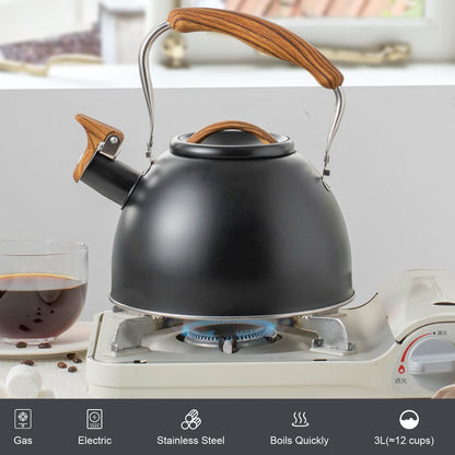 3.2 Quart Whistling Tea Kettle for Stove Top Stainless Steel Tea Pots With Wood Pattern Anti-slip Handle, Black…