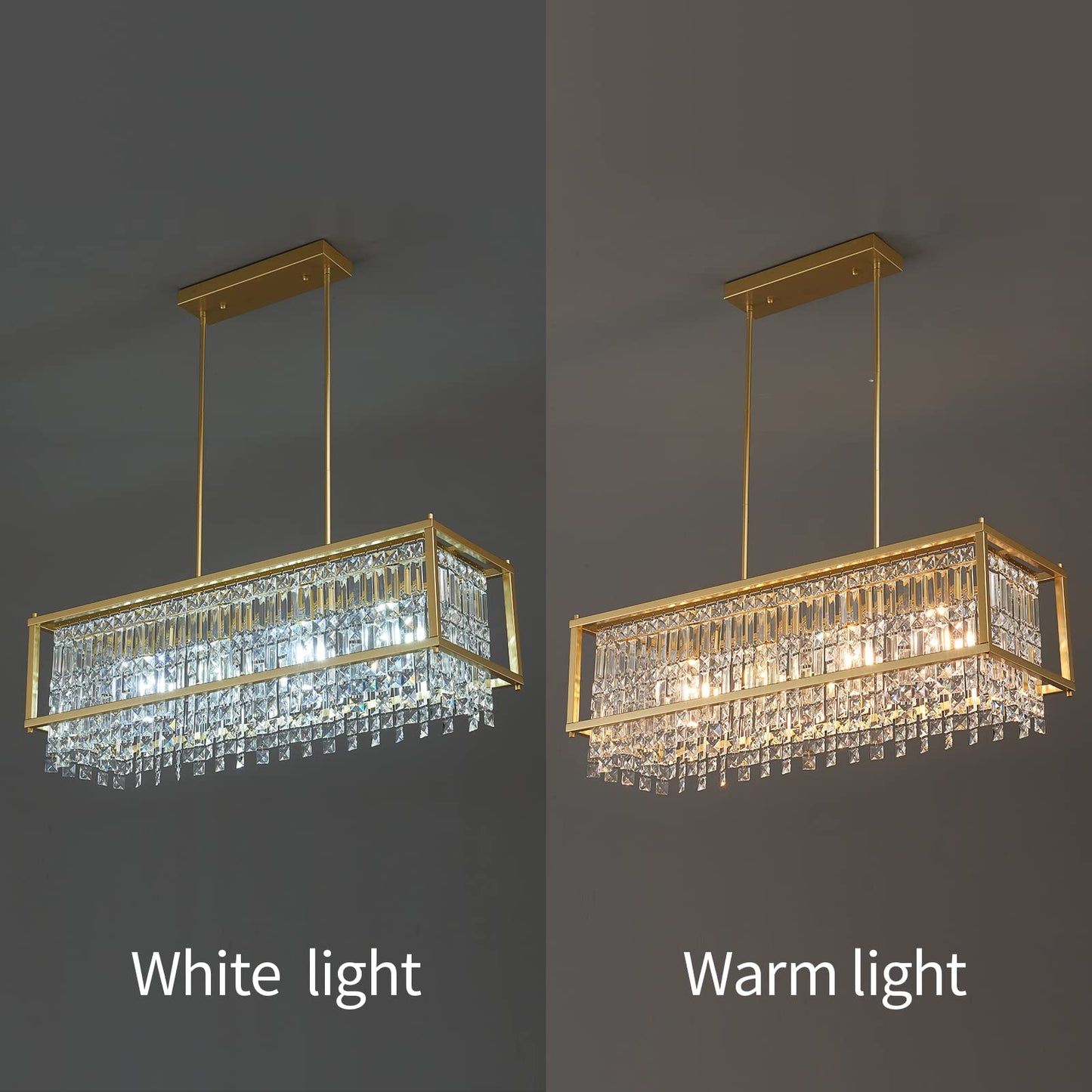 LMQNINE Modern Rectangle Chandelier for Dining Room, Gold Crystal Chandelier Linear Light Fixture, Farmhouse Chandeliers for Kitchen Island, Bar Table, L35.43'' x W11.81'' x H9.84''