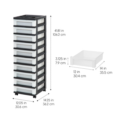 IRIS USA Plastic Drawer Storage Organizer Rolling Cart, with Wheels Casters, 10-Drawers, for Classroom Art Craft Supplies Dresser Closet Bathroom Laundry Room, Black/Pearl