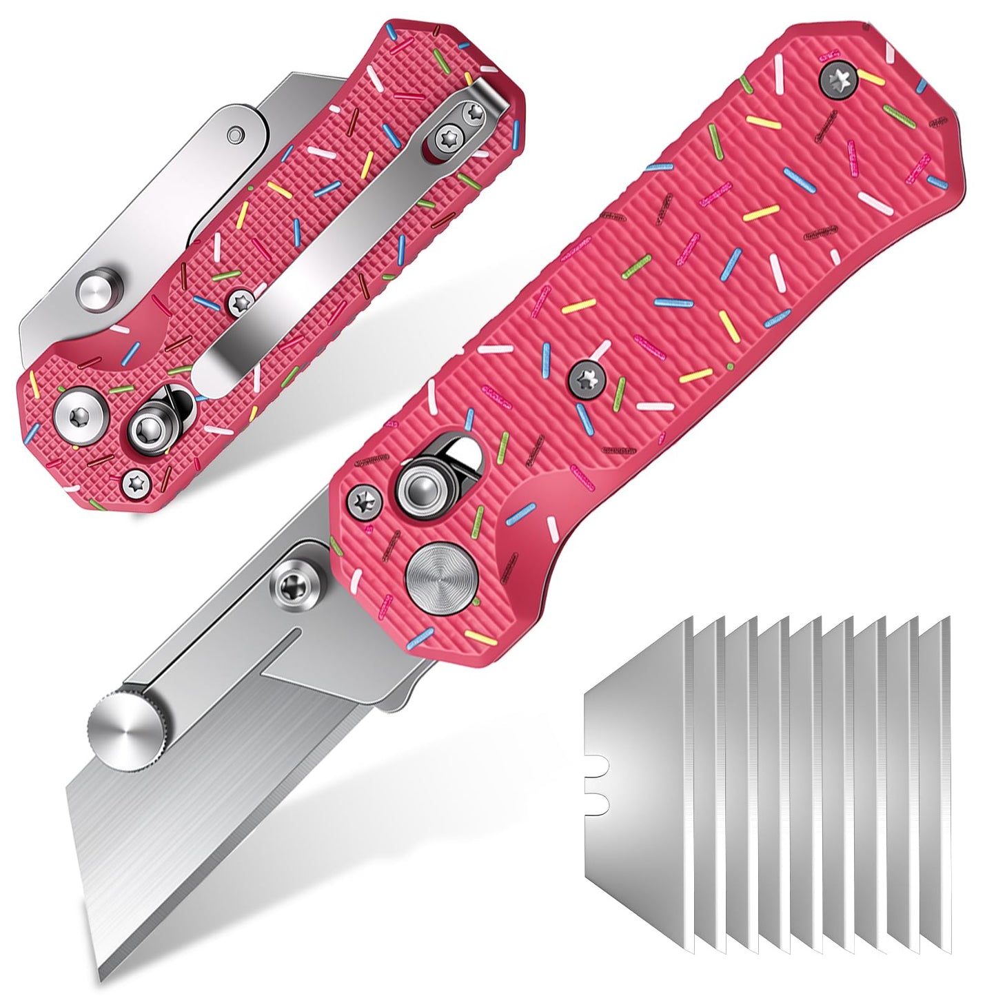 Folding Utility Knife for Women Men,Quick Change Box Cutter with 10Pcs SK5 Replaceable Blades,EDC Razor Knife for Cartons,Cardboard,Boxes,Christmas Stocking Stuffers Gifts for Men Husband Women(pink)
