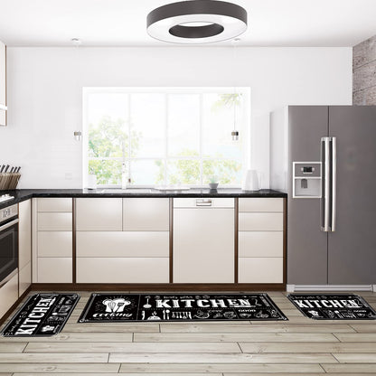 Sinmoe 3 Pcs Kitchen Rug Set Non Skid Thick Black Kitchen Rugs and Mats Stain Resistant Anti Fatigue Mats for Microfiber Floor Non Slip Backing Mat, 15.7" x 47.2", 15.7" x 23.6"