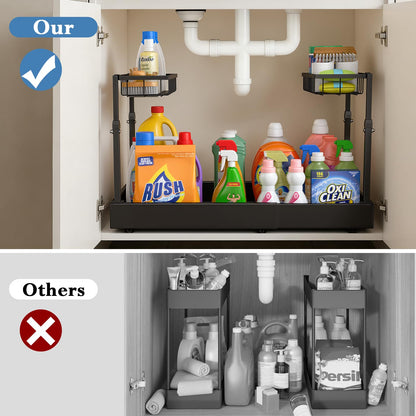 Aisslro Under Sink Organizer, 2 Tier Under the Sink Storage, Expandable Adjustable Slide Out Pull Out Under Cabinet Organizers Shelf, for Kitchen Bathroom Pantry Closet Organization, Black