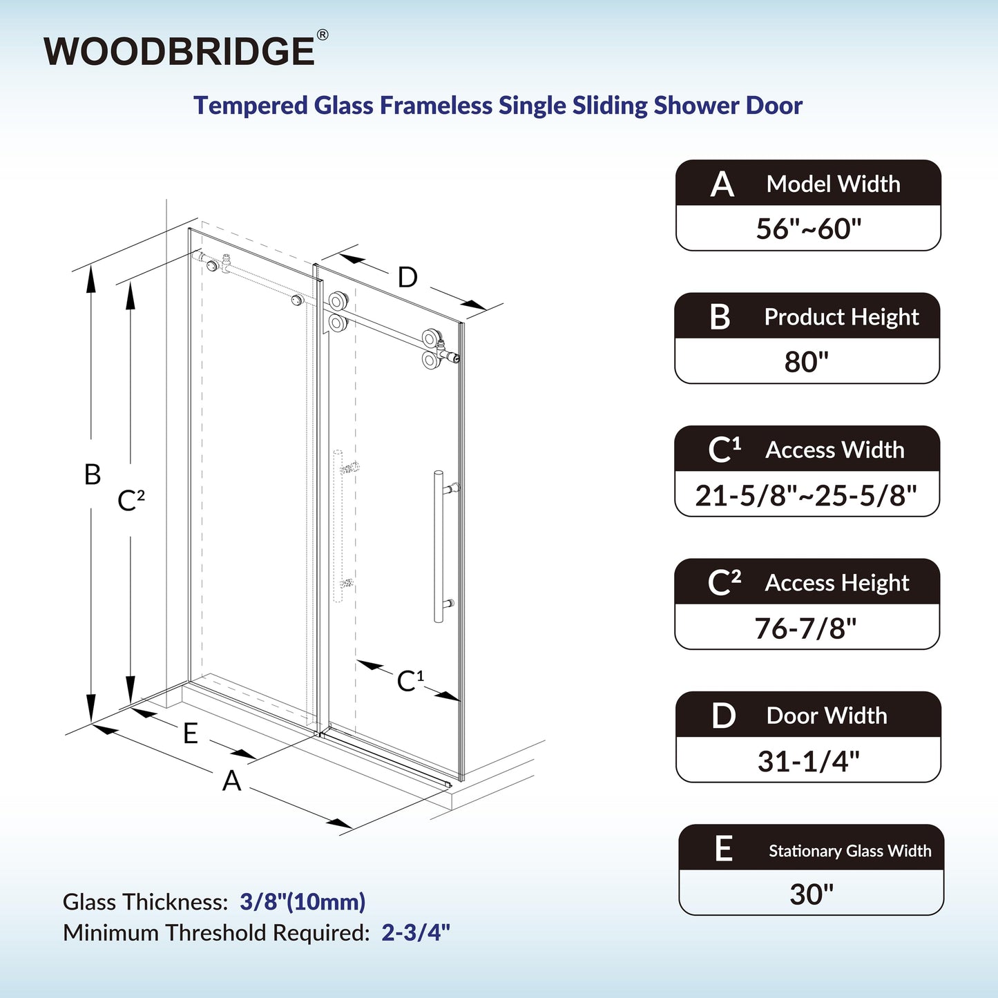 Woodbridge 56-60" W x 80" H Frameless Single Sliding Shower Door with Double Rollers,3/8(10mm) Tempered Glass with Explosion Proof Film in Matte Black Finish
