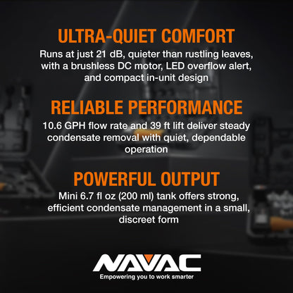NAVAC NCB10 Mini-Split Condensate Pump - Ultra Quiet Design, HVAC Condensate Pump, Brushless DC Motor - Reliable Performance, Overflow Protection Sensor, 6.7 fl oz Tank Capacity, 10.6 GPH, 39 ft Lift