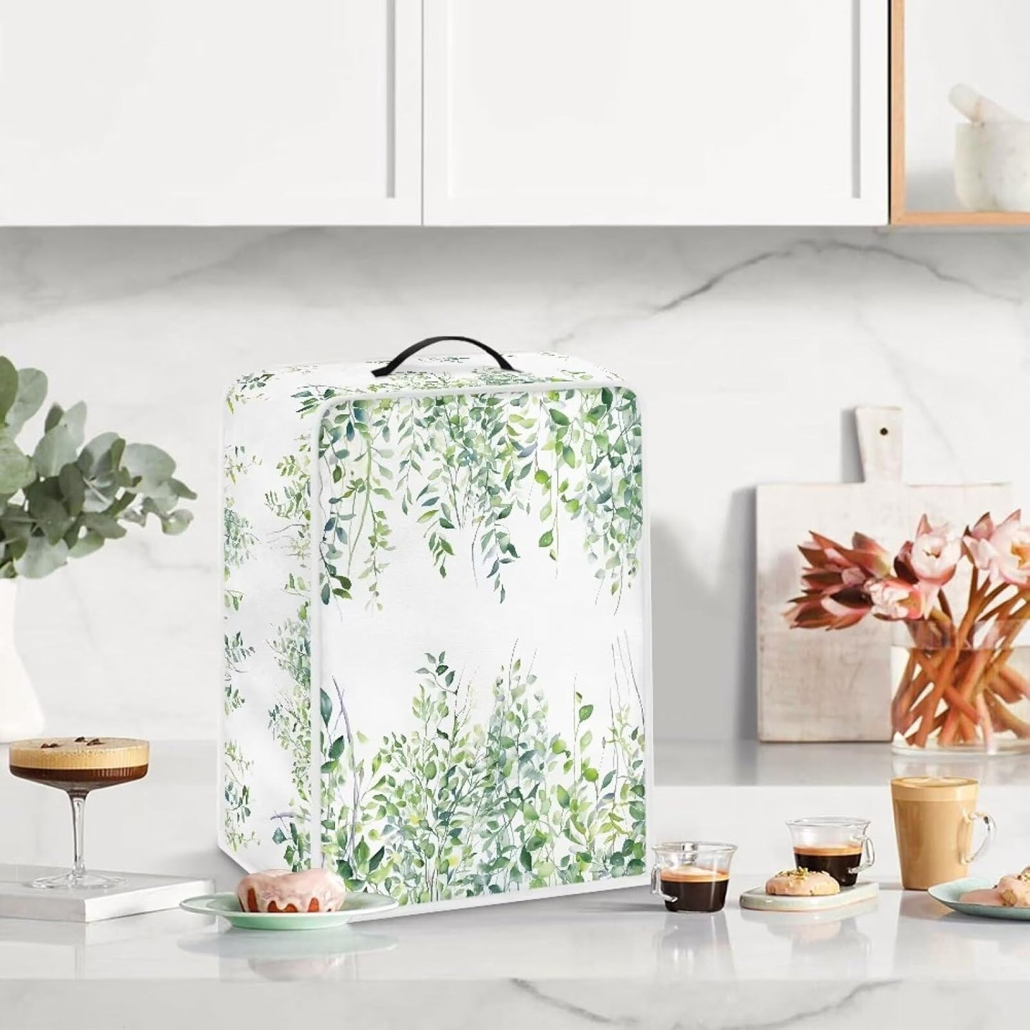 DISNIMO Coffee Maker Dust Cover, Green Leaves Design, Dustproof Kitchen Appliance Cover with Top Handle