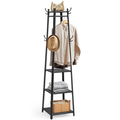 VASAGLE Coat Rack, Coat Stand with 3 Shelves, Hall Tree Free Standing with Hooks for Scarves, Bags, Umbrellas, Steel Frame, Industrial Style, for Entryway, Living Room, Charcoal Gray ULCR080B03