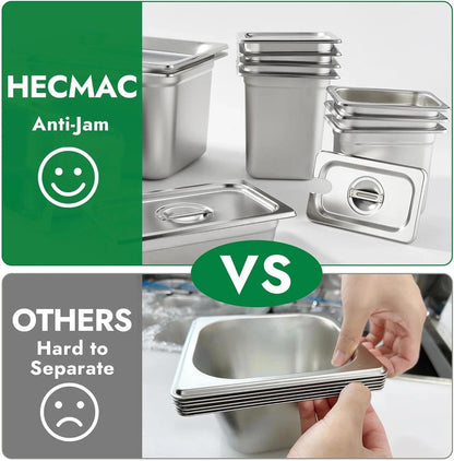 HECMAC 6 Pack Anti-Jam Hotel Pans, Full Size 6 Inch Deep, Commercial Stainless Steel Chafing Steam Table Pan, Catering Storage Metal Food Pan, 23 Gauge