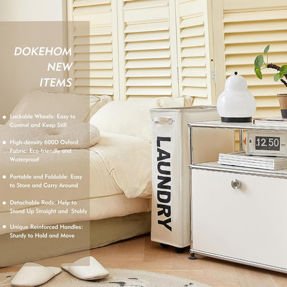 25-Inches DOKEHOM Slim Laundry Basket on Wheels, Collapsible Rolling Laundry Hamper, Foldable Narrow Corner Clothes