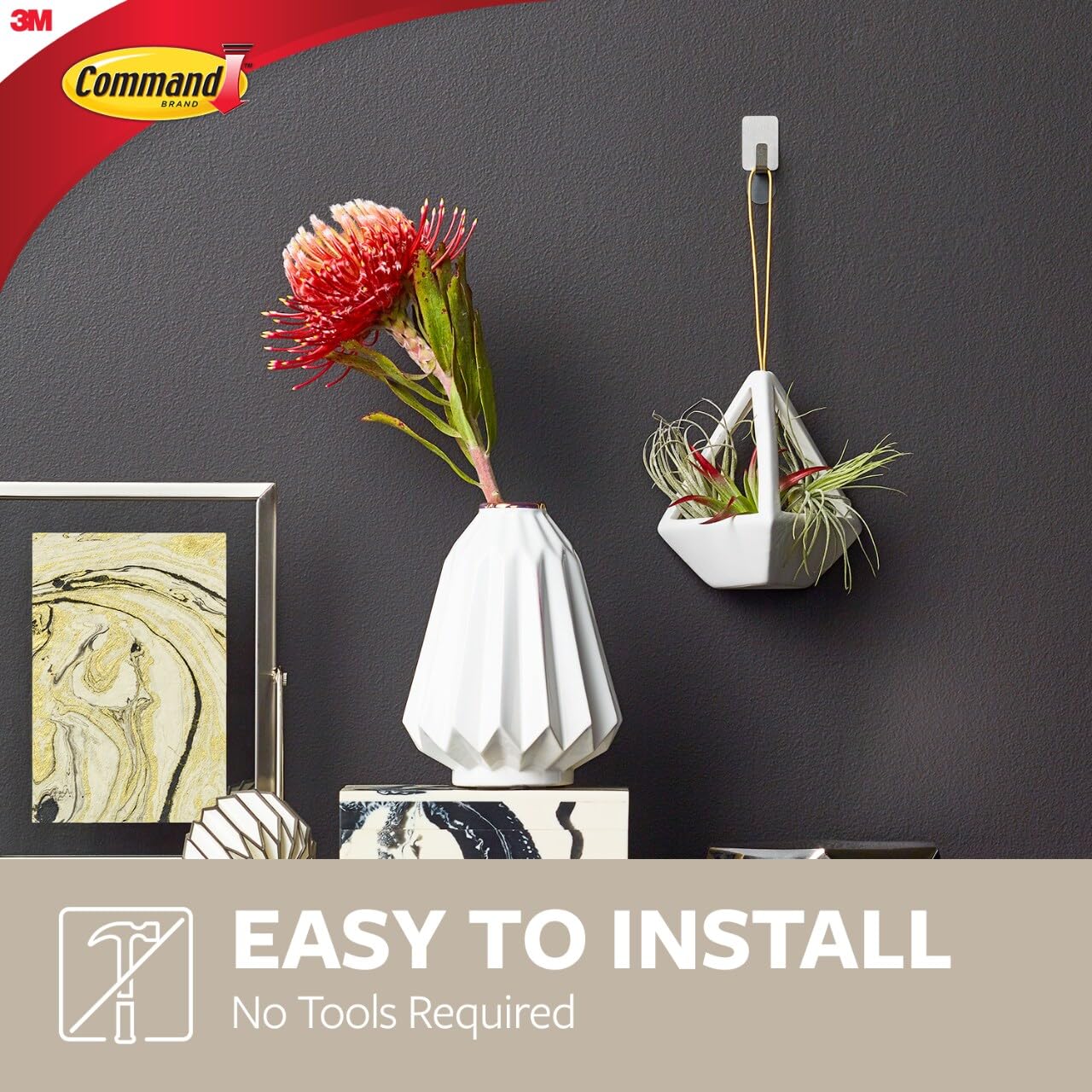 Command Small Stainless Steel Metal Hooks 8 Hooks 10 Strips Holds up to 0.5 lb Removable Self Adhesive Hooks Great for Wall Decor