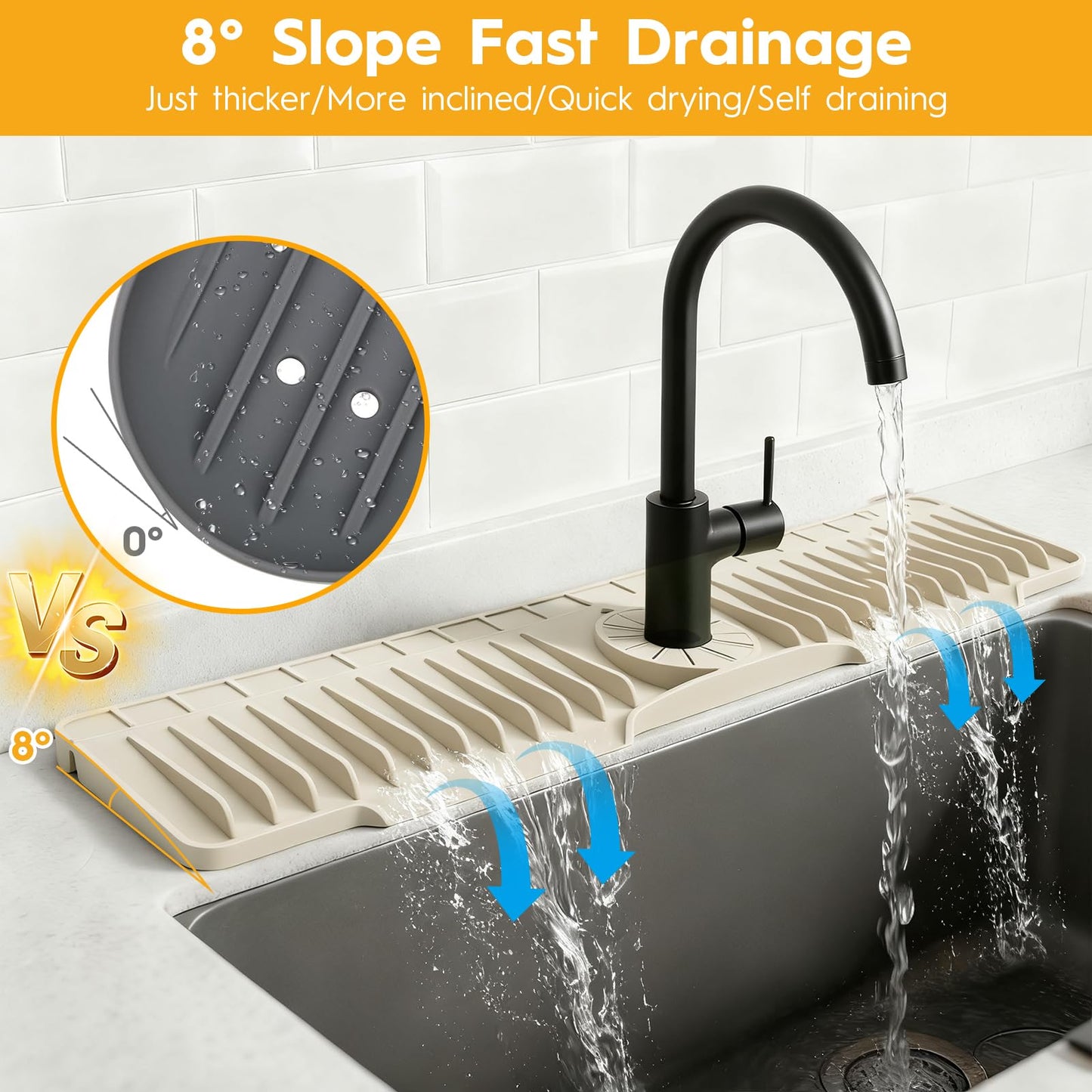 24" Silicone Faucet Mat for Kitchen Sink Released in 2025/12TH,8° Slope Fast Self-draining-Kitchen Sink Splash Guard,Bathroom Kitchen Sink Area Water Splash Guard Behind Faucet Draining Mat Beige