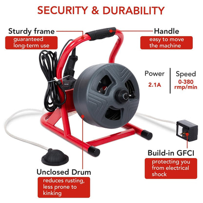 PIONEERWORKS 50Ft x 5/16 Inch Drain Cleaner Machine, Electric Drain Auger Professional for 3/4 to 3 Inch Pipes, Foot Switch with 6 Cutters, Glove, Drain Auger Cleaner Sewer Snake - DA04