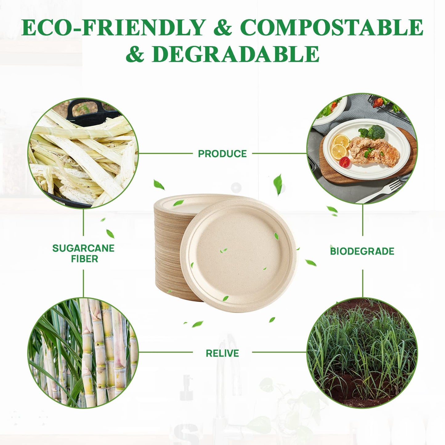 Vplus 150 Pack Paper Plates 9 inch 100% Compostable, Heavy-Duty Disposable Paper Plates Bagasse Natural Biodegradable Eco-Friendly Sugarcane