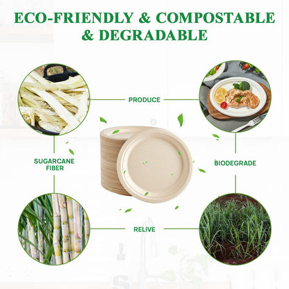 Vplus 150 Pack Paper Plates 9 inch 100% Compostable, Heavy-Duty Disposable Paper Plates Bagasse Natural Biodegradable Eco-Friendly Sugarcane
