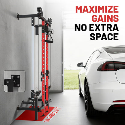 Garvee Folding Squat Rack, Wall Mounted Power Rack with Dual Independent Pulley System & Pull Up Bar, Multi-Function Power Cage with for Home Gym Space-Saving