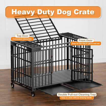 HMHTCT 54 Inch Heavy Duty Dog Crate with Wheels,Indestructible Escape-Proof Dog Kennel with Locking Latch and Double Door,Extra Large XL XXL Crate Indoor for Large and Medium Dog with Removable Tray