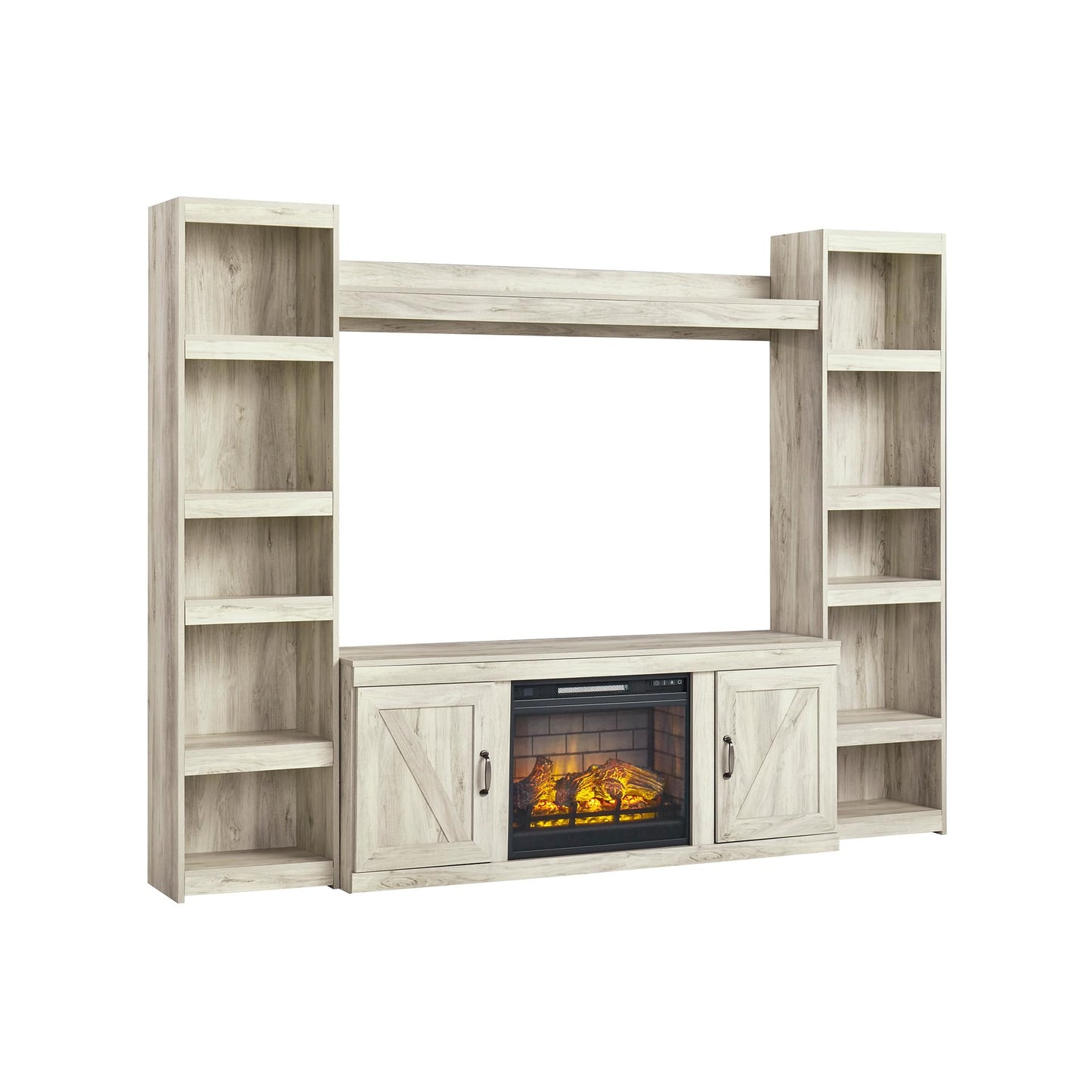 Signature Design by Ashley Bellaby Farmhouse 4-Piece Entertainment Center for TVs up to 69" with Electric Fireplace, Whitewash