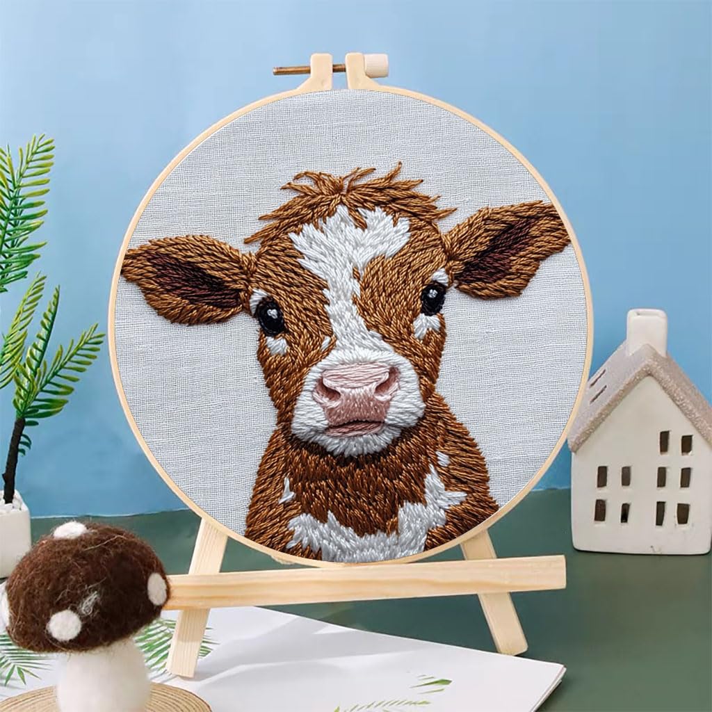 Punch Needle Kits Cute Jersey Cow Embroidery Starter Set with Hoop Easy for Beginners DIY Stress Relief Handmade Craft Hobby and Home Decor 20x20cm-5