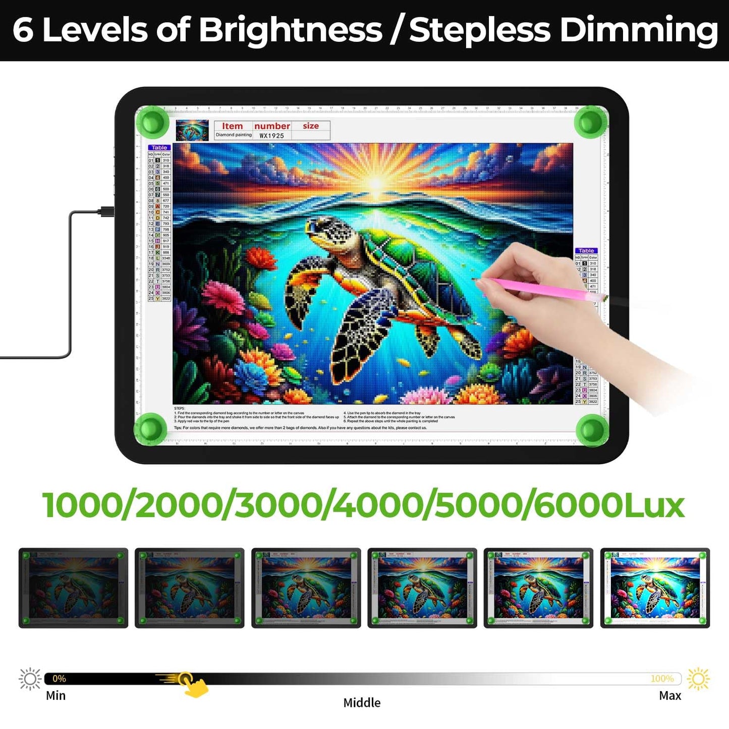Zocelight A4 Diamond Art Light Board,11000 Lux Super Bright Light Box for Tracing,Side Button Design,3 Color Light pad,Magnetic Ultra Light Table for Diamond Painting,Sketching, Weeding Vinyl(Black)