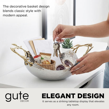 GUTE Decorative Silver Hammered Bowl, Single Piece, 13.78 x 9.45 x 5.51 Inch Stainless Steel Brass Gold Leaf Handle Basket Fruit Holder Organizer Centerpiece Display, Dining Living Room Decor Gift