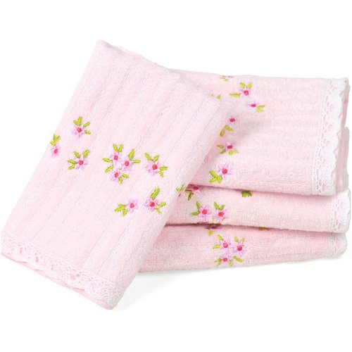Jacquotha Pink Washcloths 4 Pack (Floral Embroidered), Soft Wash Cloths for Face, Body, Showering, Spa & Bathroom Decor Gifts, 13” x 13"