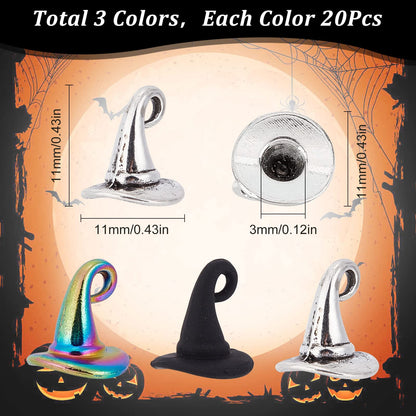 SUNNYCLUE 1 Box 60Pcs 3 Style Wizard Hat Charms Witch Hat Charm Halloween Imitation Black Magic Hats Charms Antique Silver Rainbow Gothic Miniature Hat Charms for DIY Making Charms Craft Home Decor