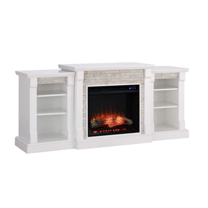 SEI Furniture Gallatin Faux Stone Electric Fireplace with Bookcases, New White