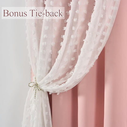 1 72 Inch Pink Blackout Curtain for Girls Bedroom Panel, Double Layered Curtain with Pom Pom White Sheer Overlay, Light