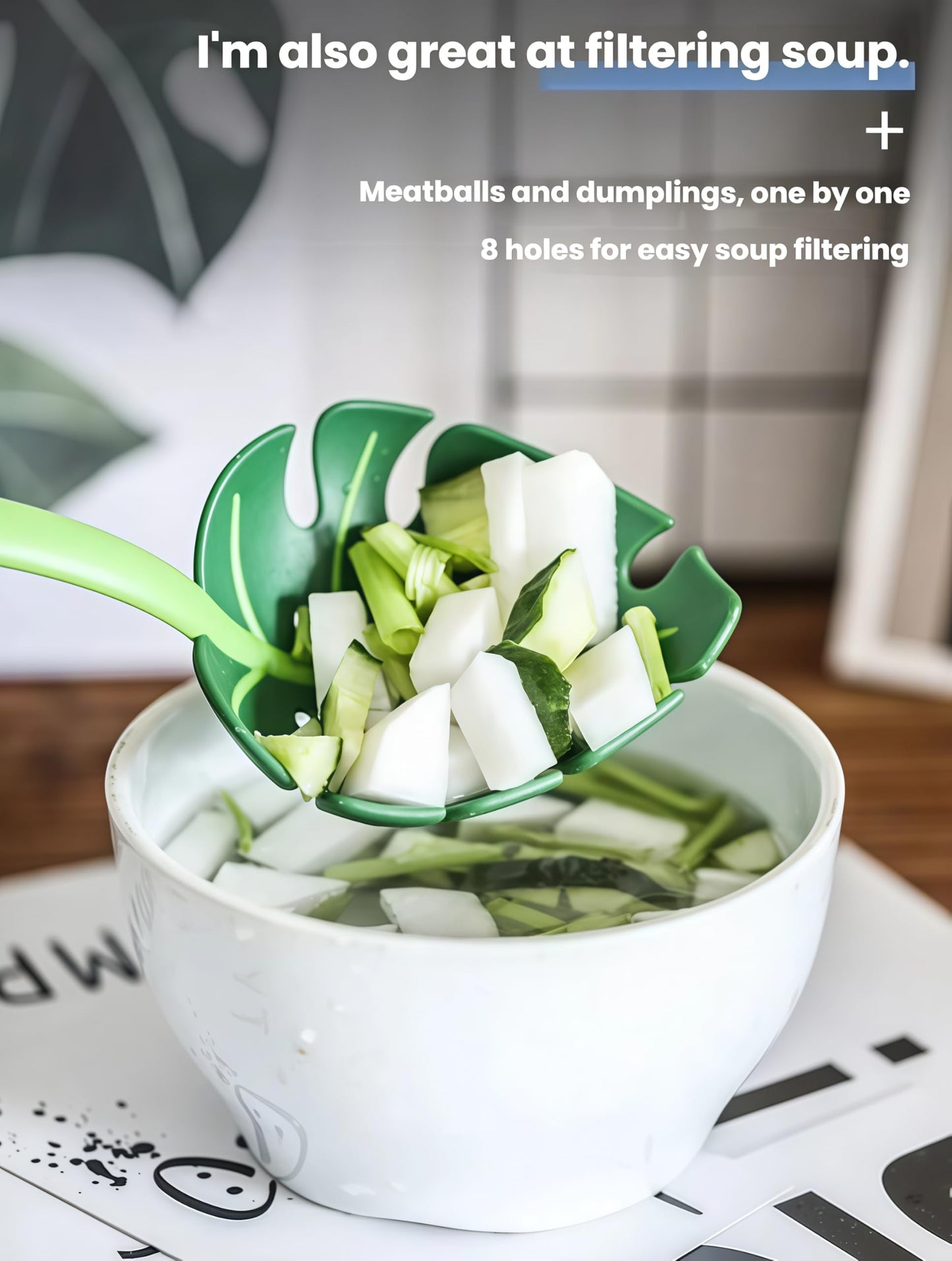 Jungle Spoon Monstera Leaf Soup Skimmer Spoon, Green, PP Material, 11.8x3.7 Inch, Kitchen Strainer with Anti-Slip Base, Long Handle