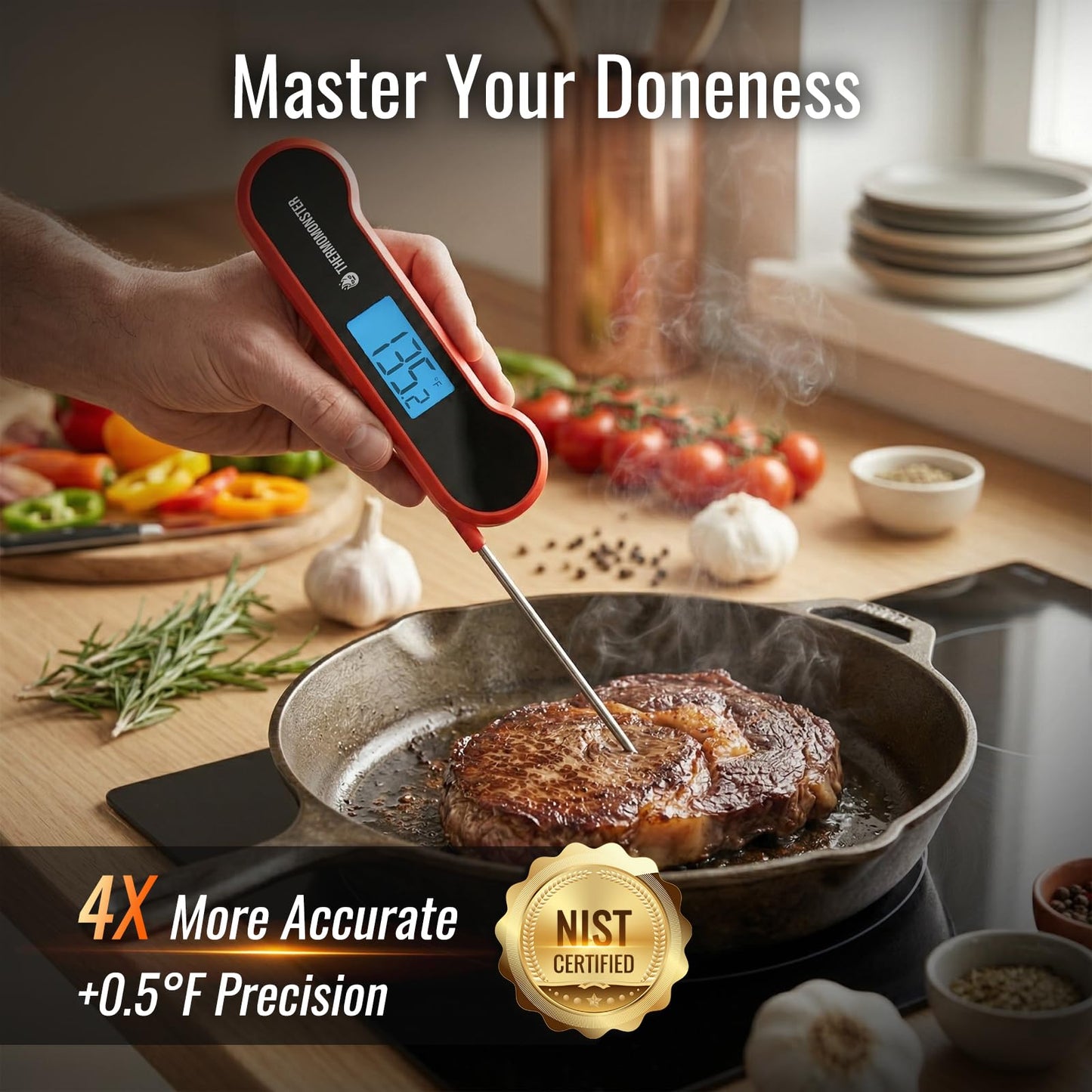 0.5 Sec Instant Read Meat Thermometer Digital with ±0.5℉ Precision, Food Thermometer for Cooking Kitchen Gadgets, Oven Grill Candy BBQ Essentials Accessories, Gifts for Him Dad Men Birthday, Red
