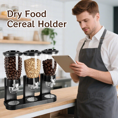 ENIPEDITA 1 Pcs Triple Indispensable Dry Food Dispenser with Cup Black Cereal Storage Container 67oz Each Capacity for Kitchen Rice Nuts Cereal Snack Gumball Candy Dog Food