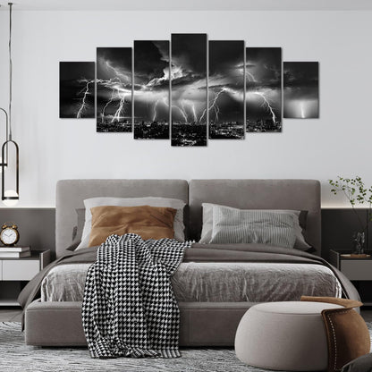 Biuteawal Large 7 Piece Black and White Wall Art Lightning Strikes Painting on Canvas Storm Cityscape Picture Print Nature and City Artwork for Home Office Bedroom Decoration