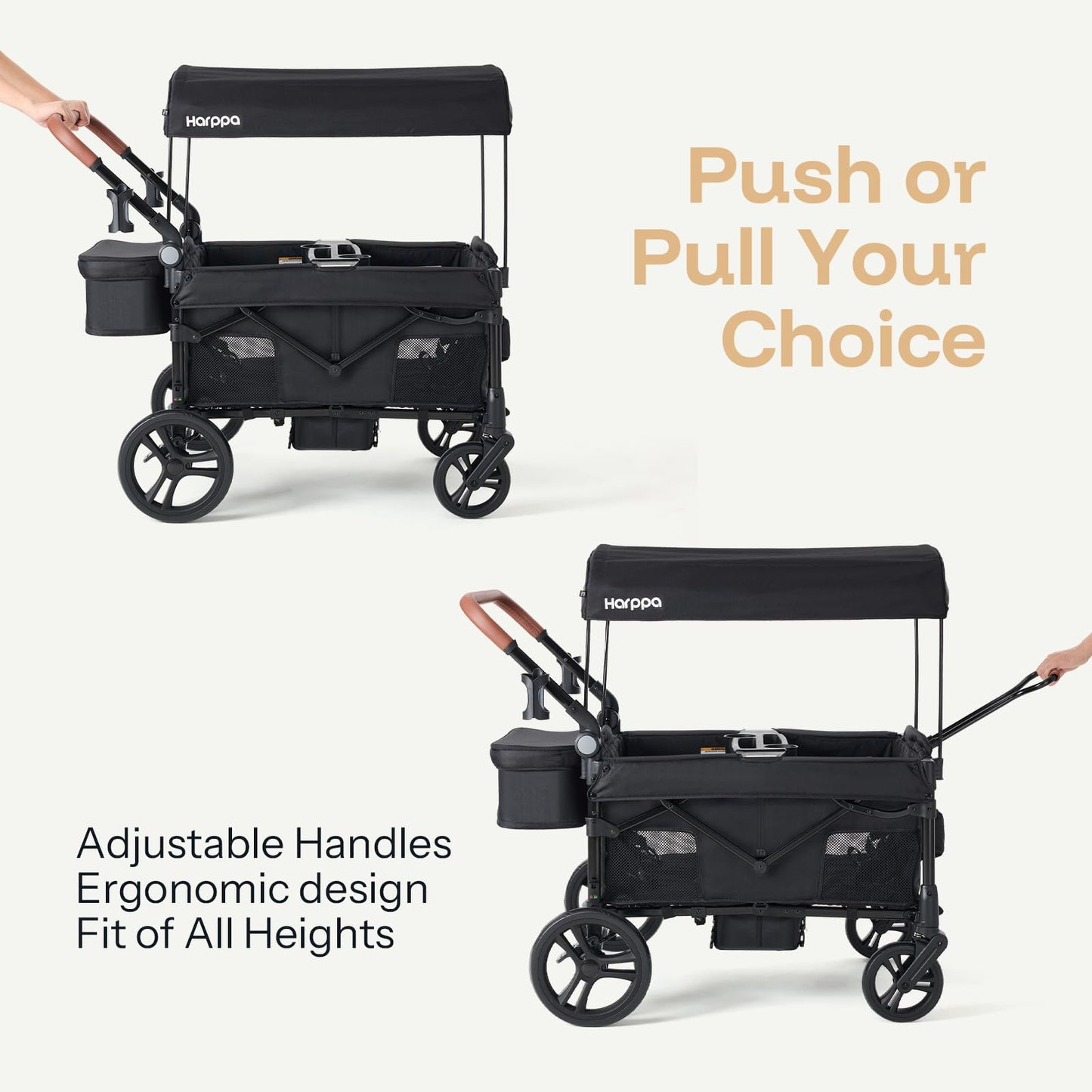 Harppa Remy Foldable Wagon Stroller for 2 Kids with Mosquito Net UPF 50+ Canopy, 110 lbs Capacity, 5-Point Harness, All-Terrain Wheels, Adjustable Handle for Park Zoo Camping Twins and Siblings Black