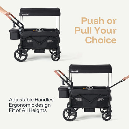 Harppa Remy Foldable Wagon Stroller for 2 Kids with Mosquito Net UPF 50+ Canopy, 110 lbs Capacity, 5-Point Harness, All-Terrain Wheels, Adjustable Handle for Park Zoo Camping Twins and Siblings Black