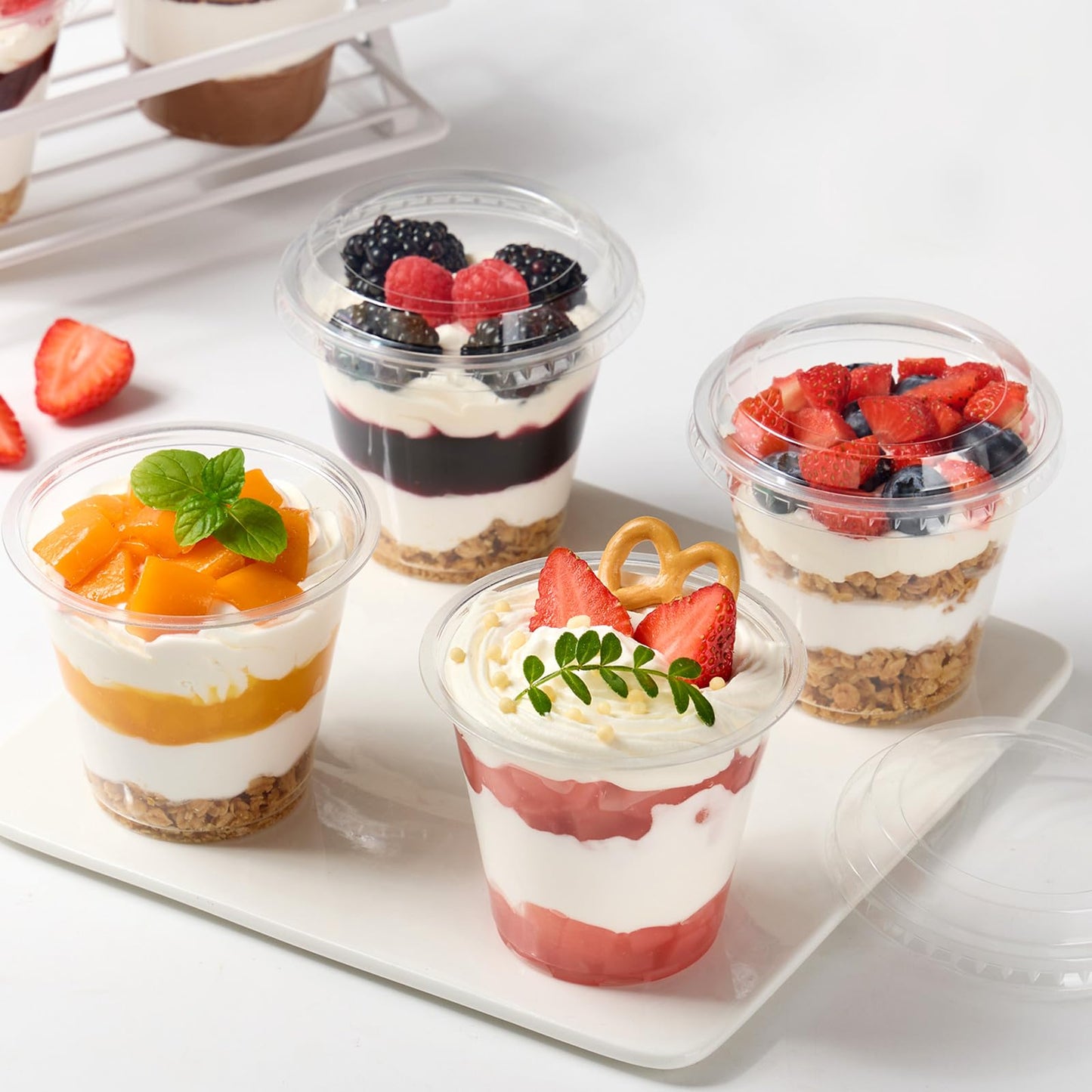 Jycnolm 50 Pack 9 oz Plastic Dessert Cups with Lids, Small Plastic Yogurt Parfait Cups, Mini Round Party Serving Cup for Pudding, Fruit, Cake, Appetizer, Dessert Shot Glasses