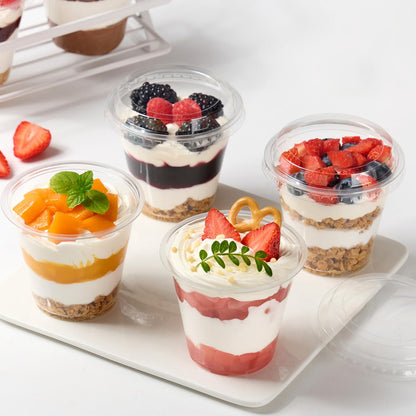 Jycnolm 50 Pack 9 oz Plastic Dessert Cups with Lids, Small Plastic Yogurt Parfait Cups, Mini Round Party Serving Cup for Pudding, Fruit, Cake, Appetizer, Dessert Shot Glasses
