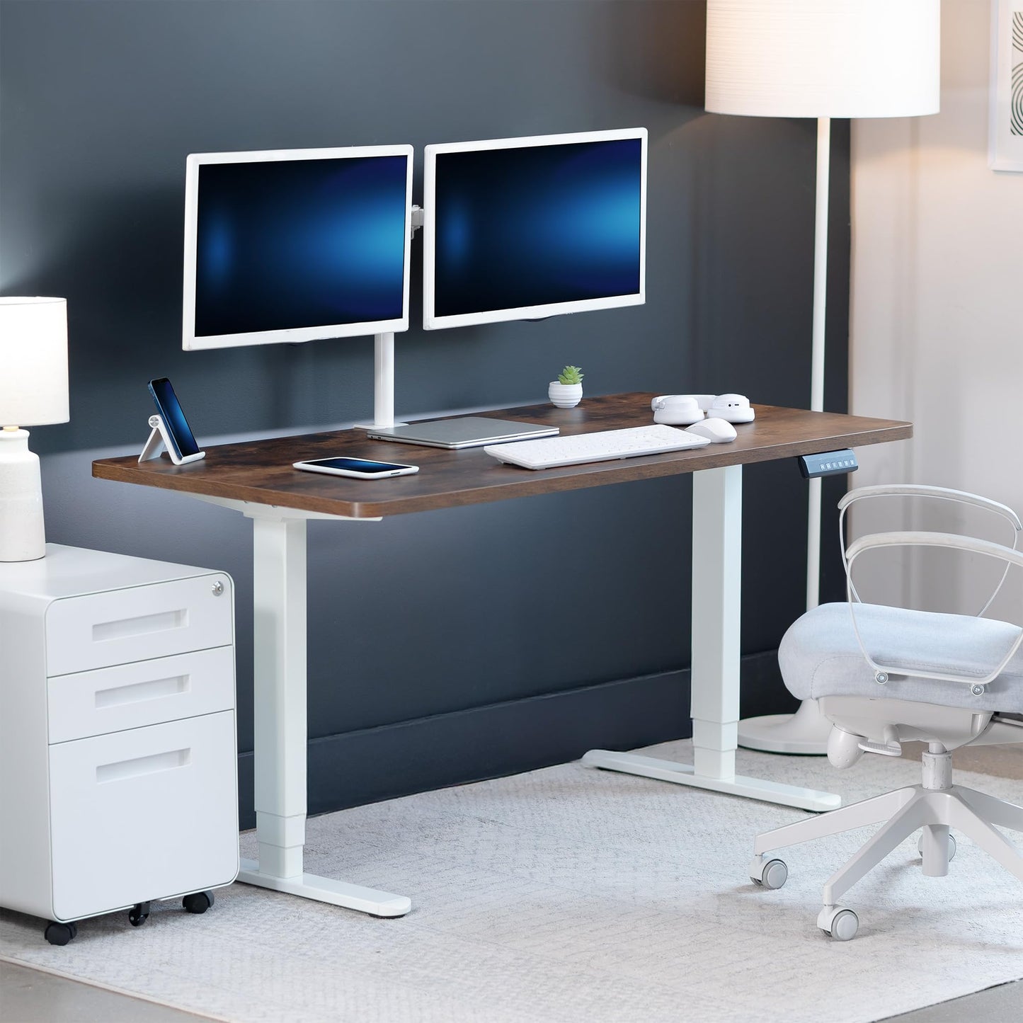 VIVO Electric 60 x 24 in Dual Motor Sit Stand Desk, Memory Height Adjustment, 2B Series, Rustic Vintage Brown Top White Frame, DESK-KIT-2W6N