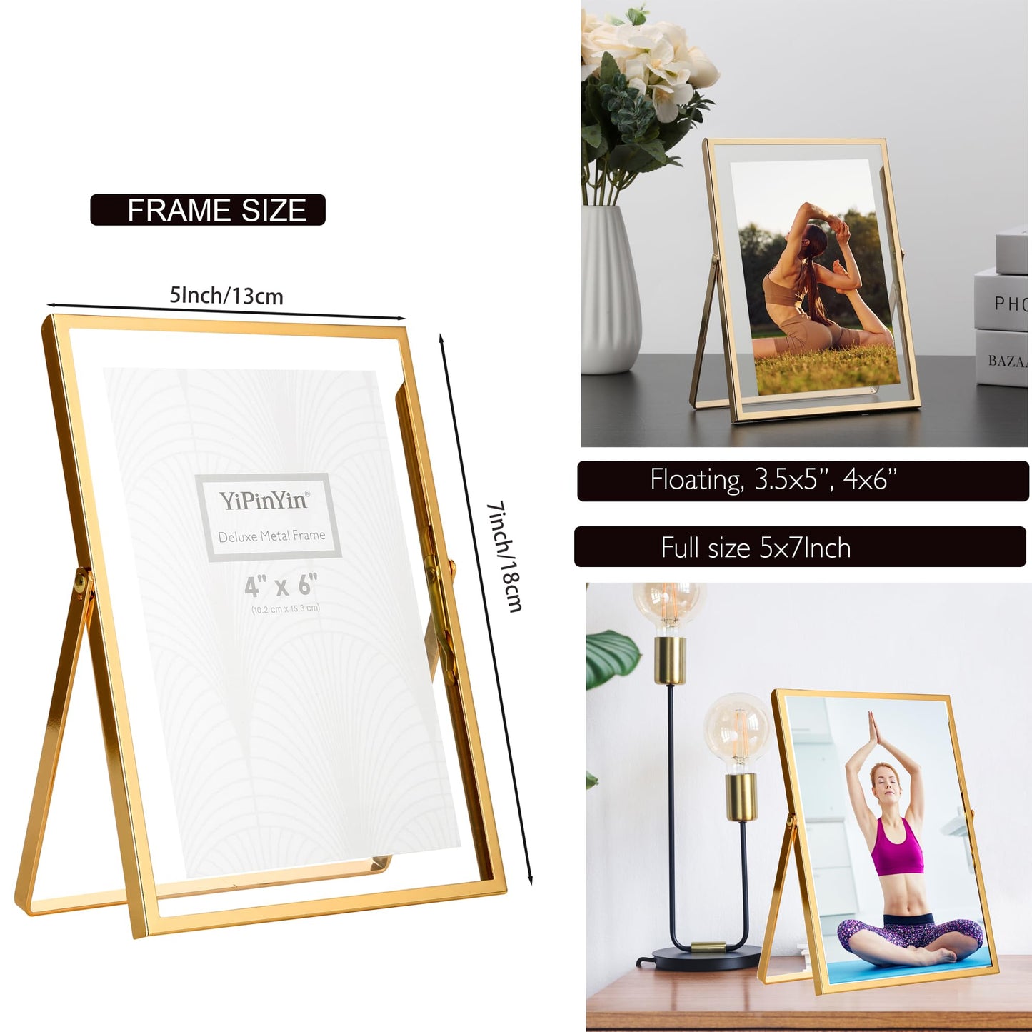 YiPinYin Gold 5x7'' Floating Frame Set of 2, For Photo Sizes 3.5x5'', 4x6'', 5x7'', Luxury Modern Gold Metal Frames for Tabletop/Shelf, Wedding, Birthday, Home or Office Decoration