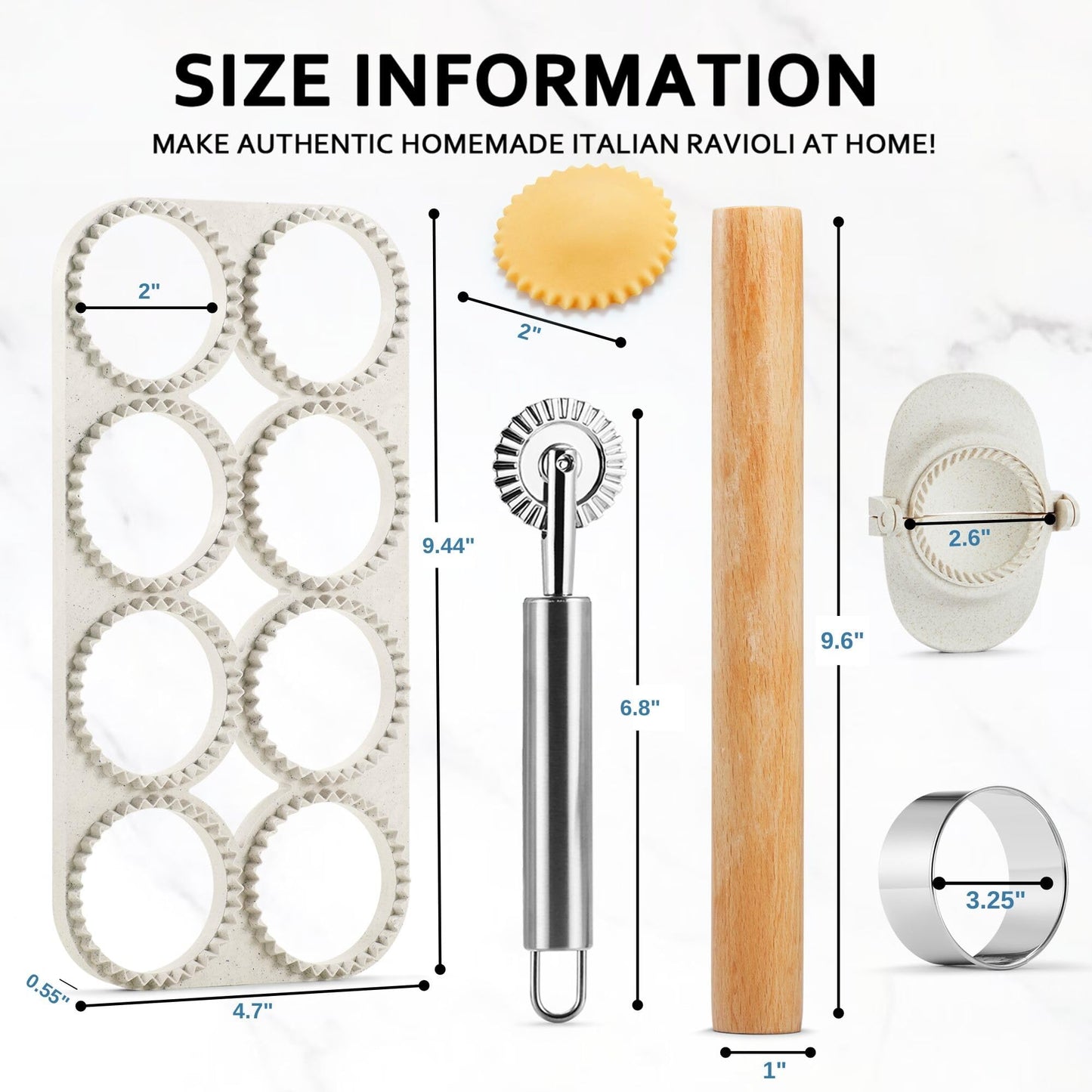 MUMSUNG Ravioli Maker Press, Ravioli Press Mold Set - Round Ravioli Stamp Maker Cutter with Wood Rolling Pin, 2.6" Empanada Maker Press Kit and Ravioli Wheel, Makes 8 Ravioli