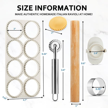 MUMSUNG Ravioli Maker Press, Ravioli Press Mold Set - Round Ravioli Stamp Maker Cutter with Wood Rolling Pin, 2.6" Empanada Maker Press Kit and Ravioli Wheel, Makes 8 Ravioli