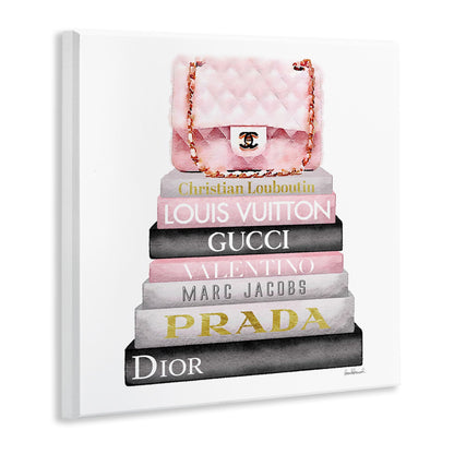 Stupell Industries Watercolor High Fashion Bookstack Padded Pink Bag Wall Plaque Art, 12 x 12, Pink, for Bedroom