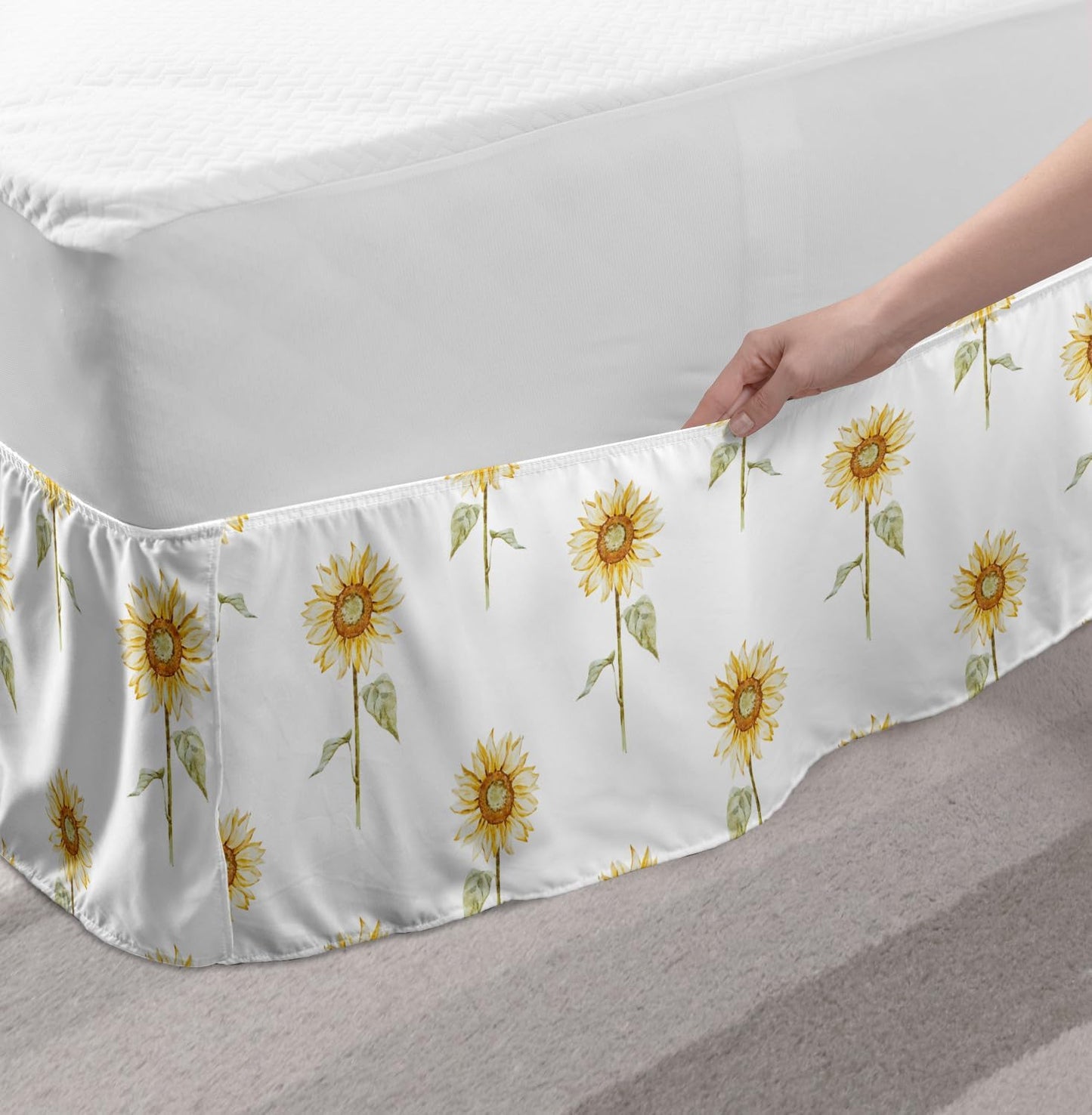 Lunarable Sunflower Bedskirt, Hand Drawn Floral Pattern, Queen Size, Green Ginger, Gathered Design